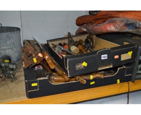 THREE TRAYS OF VINTAGE CARPENTRY TOOLS, including a Bailey No 4 plane, saws, bit and brace, etc