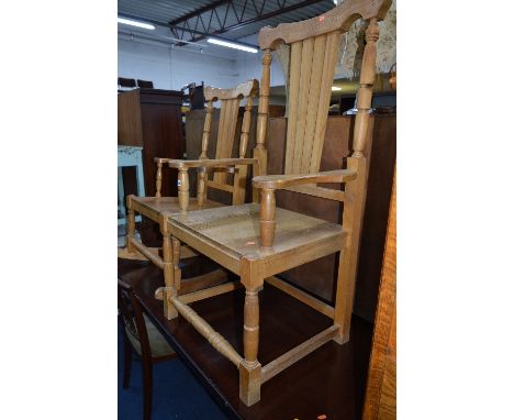 A LIGHT OAK ARMCHAIR, and a similar rocking chair (2)