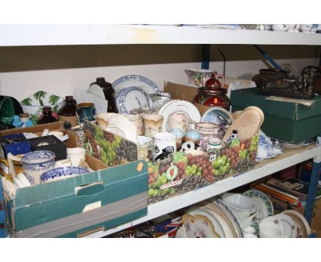 FOUR BOXES AND LOOSE CERAMICS, etc, to include tiles, Poole Pottery, Aynsley, a boxed Ringtons figure group 'Tea & More To Yo