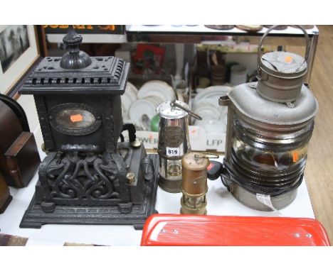 A MINERS LAMP, a smaller one, a signal lamp converted to electric and a Wright & Butler heater (4)
