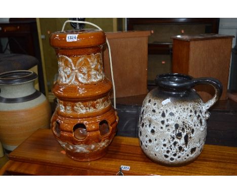 THREE VARIOUS WEST GERMAN VASES, and a glazed table lamp (4)