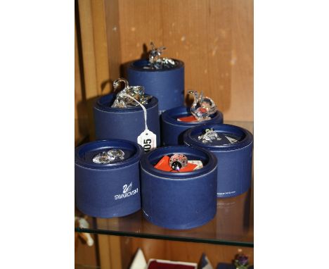 SIX BOXED SWAROVSKI CRYSTAL ANIMALS, to include Swan, Rabbit, Squirrel, Frog, Ladybird and pair Tortoises