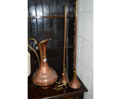 A QUANTITY OF BRASS AND COPPER, including two horns, jug, brass spinning wheel, etc, and a sewing box and table lamp (sd)