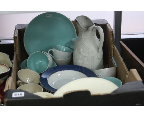 A GROUP LOT OF CERAMICS, comprising Susie Cooper and Poole teawares, Booths soup dishes and a T & R Boote parian jug (hairlin