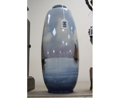 A MINTONS VASE CONVERTED TO A LAMP BASE, painted sailing boats signed by Dean, impressed marks to base, height approximately 