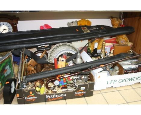 FOUR BOXES OF SUNDRIES, to include silver collared and tipped walking stick, snooker cue, fishing rod, records, cds, soft toy