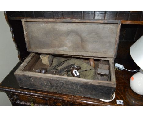 A VINTAGE TOOL BOX, containing various tools including a Record No 4 smoothing plane, etc