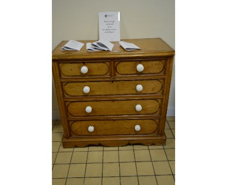 A VICTORIAN PINE AND WALNUT CROSSBANDED CHEST, of two short and three long drawers with ceramic handles, approximate size wid