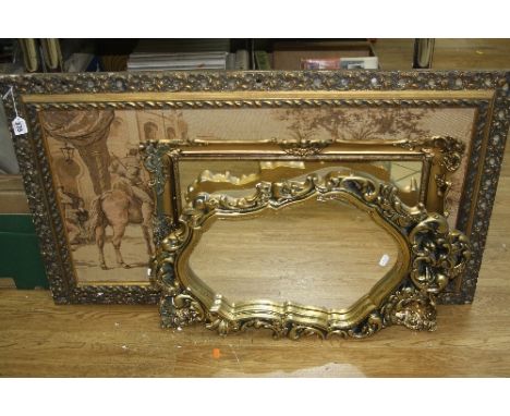 TWO 20TH CENTURY GILT FRAMED MIRRORS, together with a machined tapestry of a Spanish town scene (3)