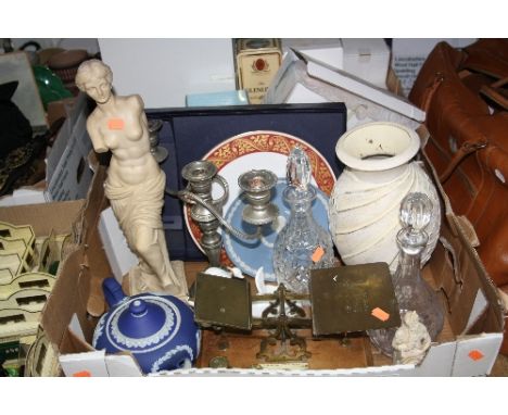 A SET OF BRASS POSTAL SCALES WITH A RANGE OF WEIGHTS,  a Wedgwood blue jasperware teapot and cover, decanters, figural orname