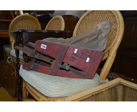 A VINTAGE SEED SOWER, an oak barley twist occasional table and a tin trunk (sd) (3)