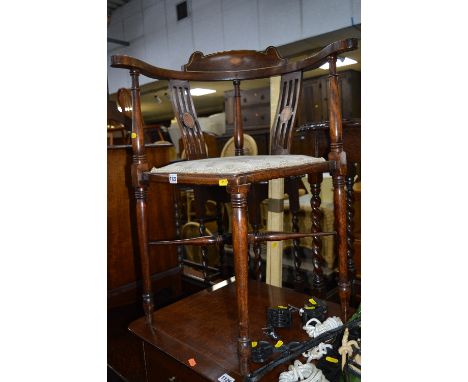 AN EDWARDIAN MAHOGANY AND INLAID CORNER CHAIR, and an oak firescreen/occasional table with needlework detail (2)