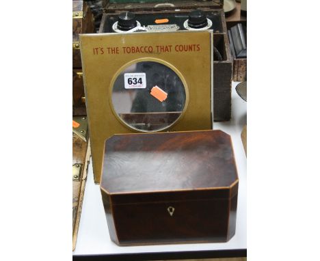 A 'PLAYER'S' PLEASE' ADVERTISING TABLE TOP MIRROR, easel back, together with a late Georgian mahogany and satinwood banded te