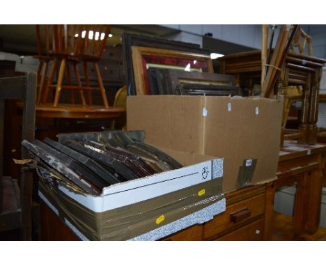 TWO BOXES OF PICTURES, mirrors and frames, five walking sticks and a mantle clock (over 20)