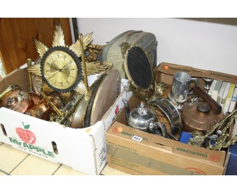 TWO BOXES AND LOOSE METALWARES, GRUNDIG TAPE RECORDER, RECORDS, PICTURES, to include copper, brass etc