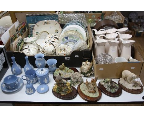 TWO BOXES AND LOOSE CERAMICS, GLASS, MANTEL CLOCK, TEA CARDS ETC, to include Wedgwood blue jasperwares, Border Fine Arts Fami