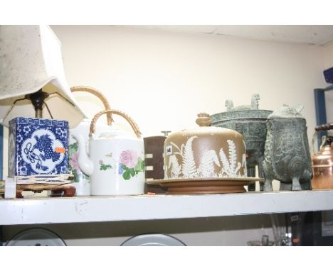A VICTORIAN BUFF GLAZED STONEWARE STILTON DOME AND STAND, applied fern and oak leaf decoration, impressed TW, together with f