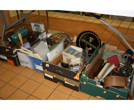 FOUR BOXES OF SUNDRIES, to include work box, tools, drum, fans, etc