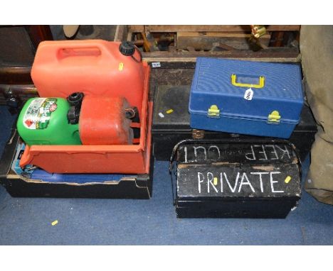 THREE TOOLBOXES, two trays containing tools and a shoe last on stand (5)