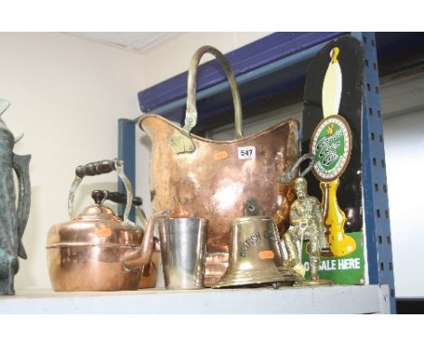 ANSELLS ASTON ALE ENAMEL SIGN, height 51cm, two copper kettles, a copper coal scuttle, brass bell and two other metal items (