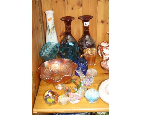 A GROUP OF COLOURED GLASSWARE, to include pair ruby coloured bottle vases, Carnival glass etc