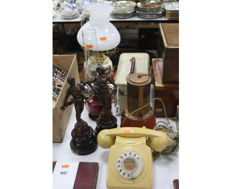 A PALE MUSTARD COLOURED GPO TELEPHONE, model 746F, together with a Desmo Radilamp, height approximately 24cm, a pair of spelt