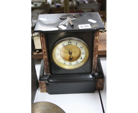A LATE VICTORIAN BLACK SLATE AND MARBLE MANTEL CLOCK, 30 hour movement, with pendulum and key