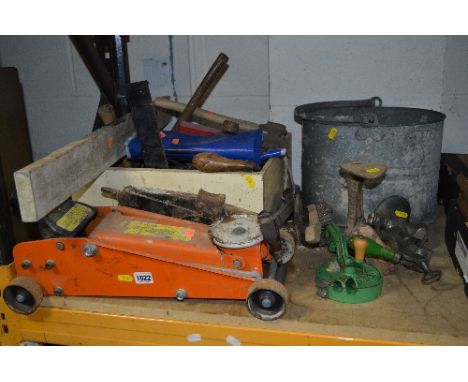 A TRAY OF TOOLS, two jacks, shoe last, galvanised bucket and mincer etc