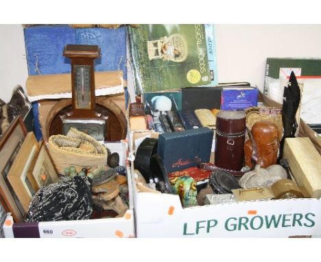 THREE BOXES OF COLLECTABLES, including prints, quartz carriage clocks, textiles, prints, books, two teddy bears, barometer, e