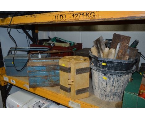 THREE TOOLBOXES, a box of tools, a roll box and two buckets containing various tools (7)