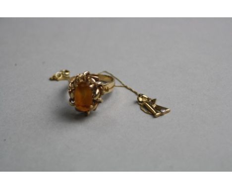 A 14CT CITRINE RING, ring size M, together with a 9ct chain and letter K, approximate weight 5.7 grams