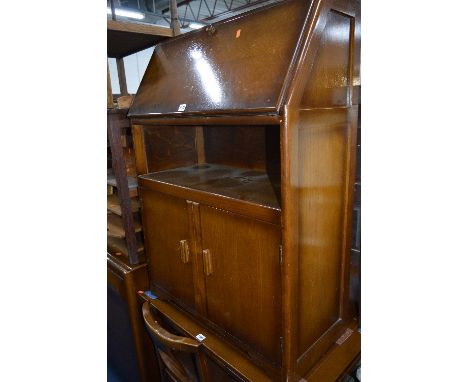 AN OAK BUREAU, two oak buffet stands, three various magazine racks, sewing box, standard lamp, etc (9)