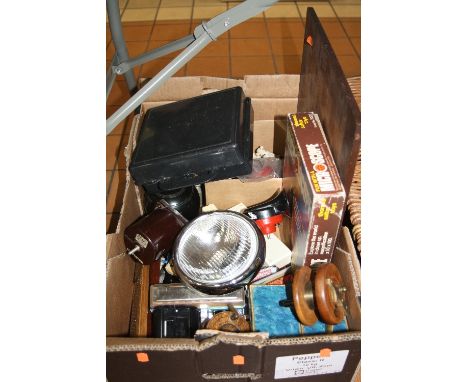 A BOX OF COLLECTABLES, to include Ebbco Sextant bakelite dial, dominoes, cribbage boards, Milwards Cadet fishing reel, anothe