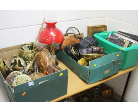 THREE BOXES AND LOOSE SUNDRY ITEMS, to include brass, copper records, oil lamp, scales, handbags etc