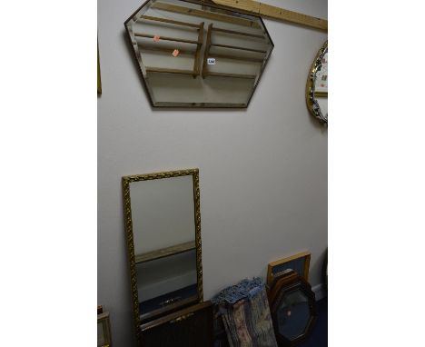 TWO OAK FRAMED BEVELLED WALL MIRRORS, a gilt framed mirror, seven other mirrors, an oak tray and a wall tapestry (11)