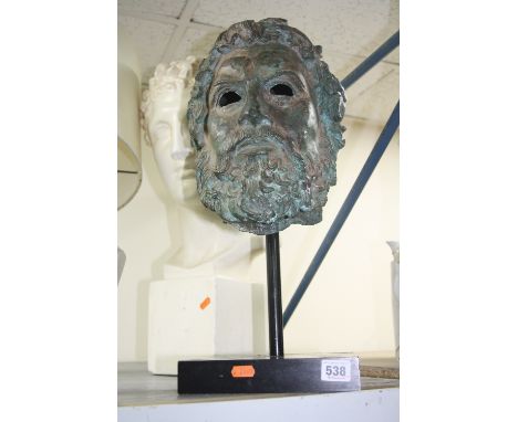 A CAST MYTHICAL HEAD, on stand, approximate height 48cm, together with plaster bust (sd) and a table lamp (3)