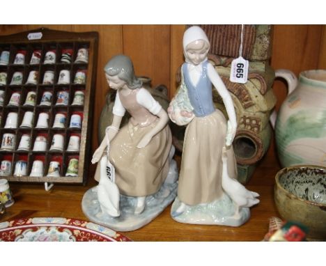 TWO NAO FIGURES, girl feeding duck and a girl carrying basket feeding a duck (2)