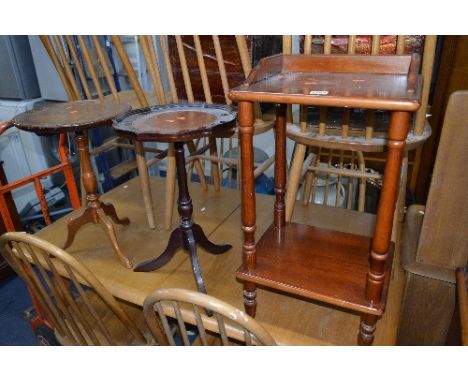 A SMALL MODERN MAHOGANY SOFA TABLE, two wine tables and a bedside unit (4)