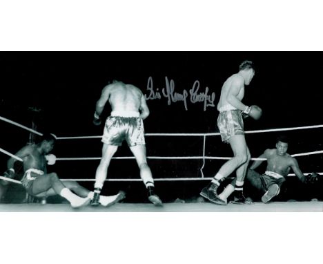 Sir Henry Cooper signed 16x8 black and white photo picturing the iconic moment when Henrys hammer put Cassius Clay down in th