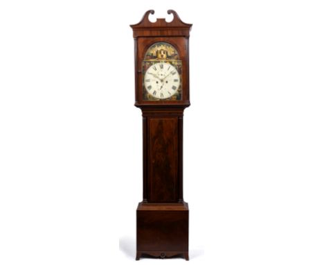 AN EARLY 19TH CENTURY SCOTTISH MAHOGANY EIGHT DAY LONG CASE CLOCK, 13.5" painted Roman arch dial, Arabic quarter marks, subsi