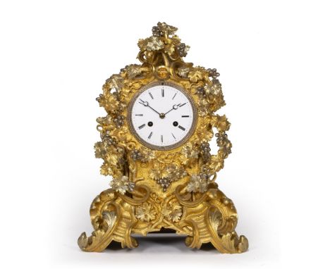 A 19TH CENTURY FRENCH ORMOLU AND PARCEL GILT MANTEL CLOCK, white enamel Roman dial, Breguet hands, Pons, Paris movement, No.1