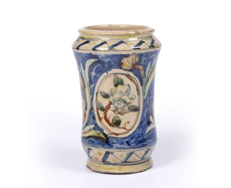 A 19TH CENTURY ITALIAN MAIOLICA TIN-GLAZED SMALL ALBARELLO VASE,  cylindrical form with sloping shoulder and slightly inverte