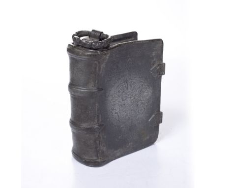 AN ANTIQUE GERMAN PEWTER FLASK in the form of a leather bound book with coat of arms to the front and touch marks to the spin