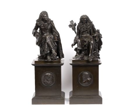 JEAN-MARIE PIGALLE, (FRENCH 1792-1857) A pair of patinated bronzes, models of Jean-Baptiste Racine and Jean de la Fontaine, s