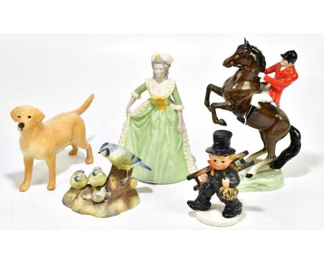 A group of five figures to include a Beswick figure of a dog, a Franklin Porcelain figure of 'Marie Antoinette', a Royal Crow