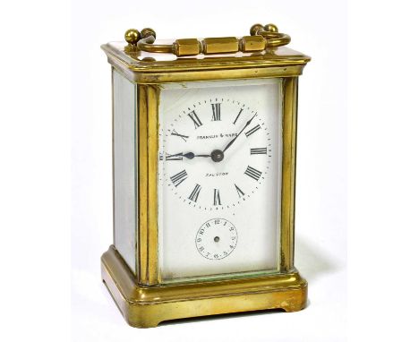 FRANKLIN &amp; HARE, TAUNTON; a brass cased carriage clock, the dial set with Roman numerals, with subsidiary dial (no hand),