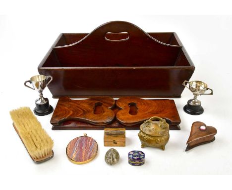 A George III mahogany two division cutlery tray, length 40.5cm, a book slide, a portrait miniature on paper, heart shaped tri