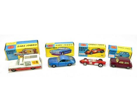 CORGI; four boxed model vehicles comprising 226 Morris Mini-Minor, 486 Kennel Service wagon with four dogs, 332 Lancier Fulvi