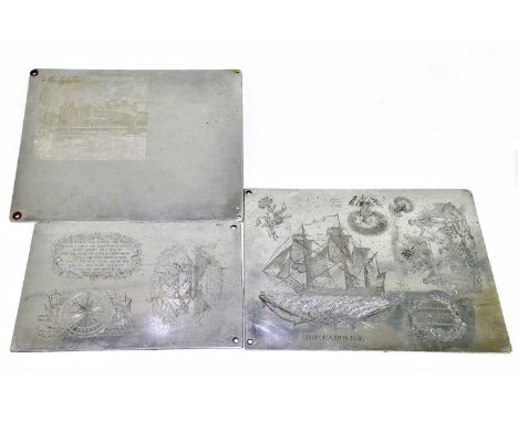 Three unusual 19th century polished steel engraving plates for the production of ceramics, one inscribed 'Exclusive to Mottah