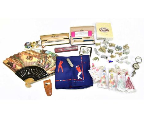 A small quantity of collectors' items to include fountain pens, fans, compacts, various badges and Wade Whimsies.